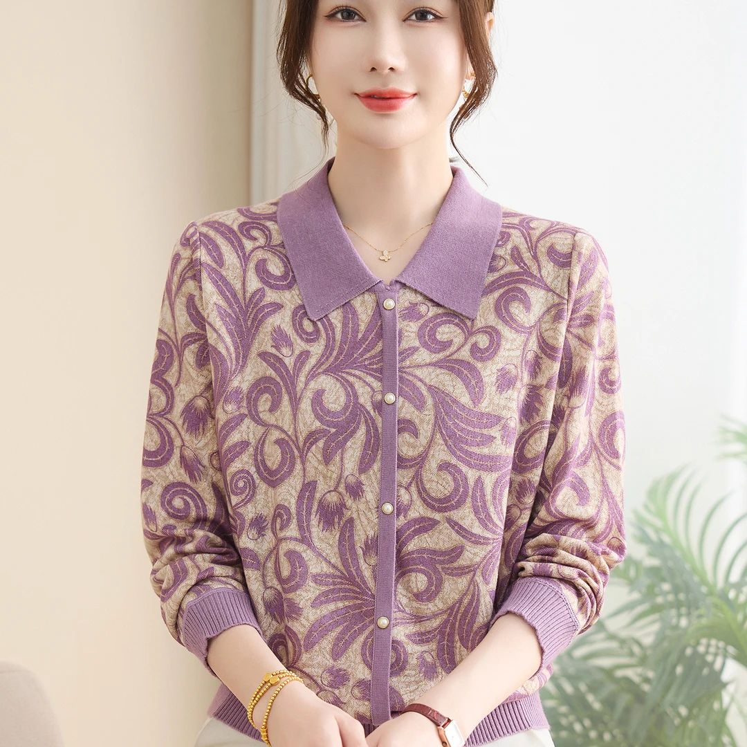 2025年新款妈妈装薄款针织小衫女春秋款洋气中老年人翻领打底上衣