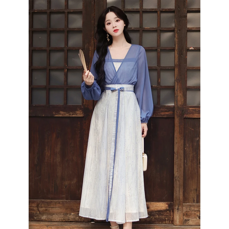 瑶西【蓝月离歌】新款绝美度假风裙子汉服新中式夏季长裙女装