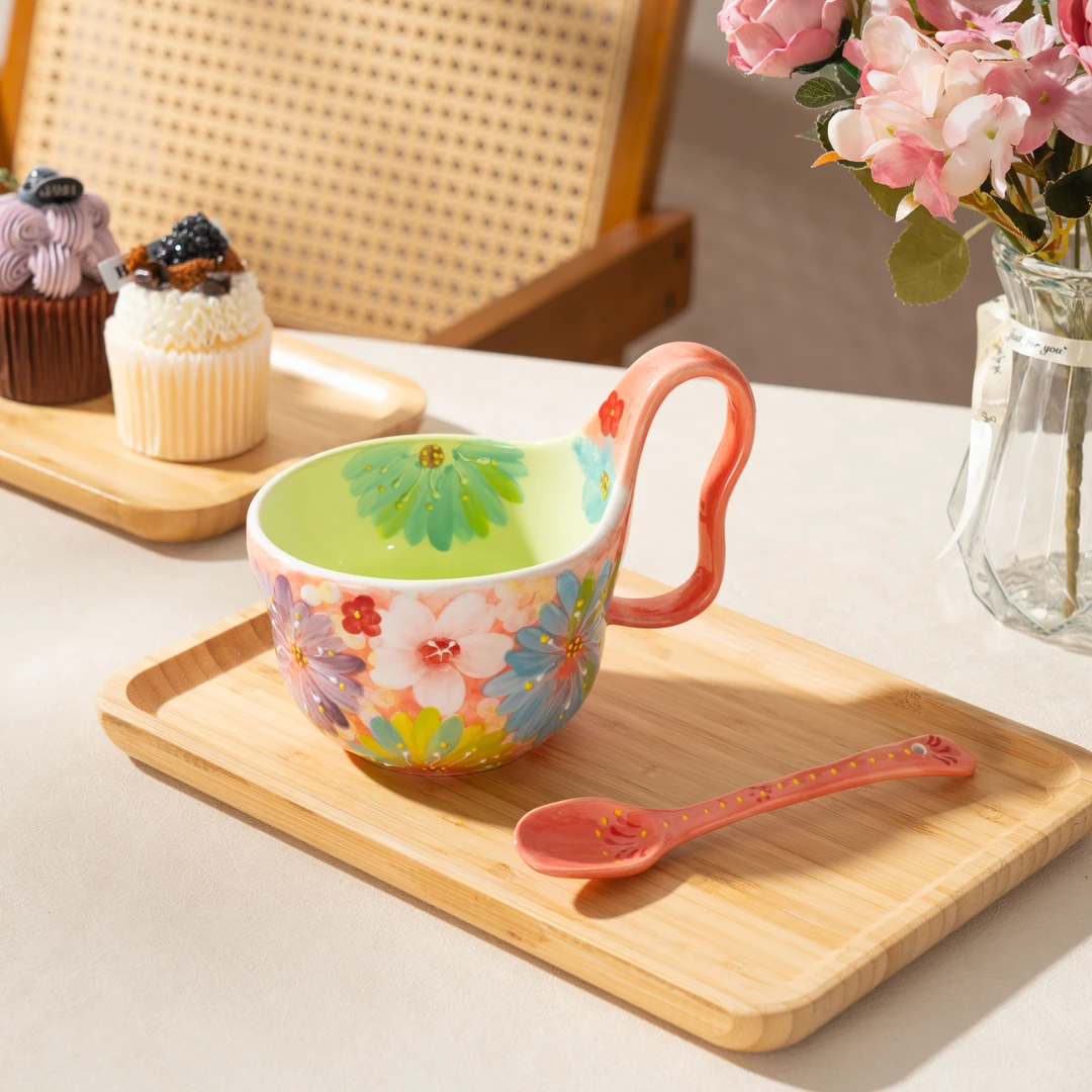 【高吉】手绘釉下彩濑户烧粉色月季葫芦曲把杯早餐杯（配勺子）