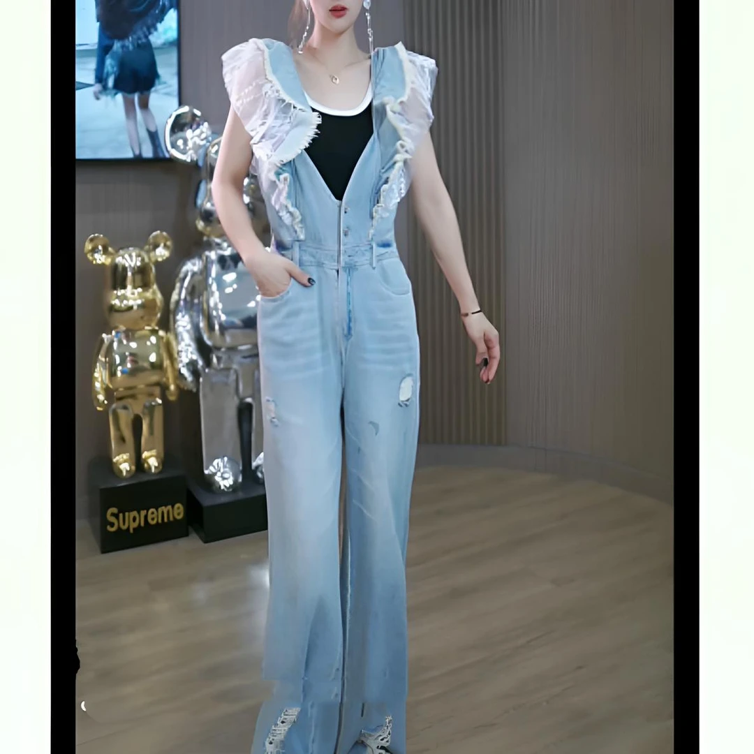 原创重工洗水磨毛荷叶边背带裤