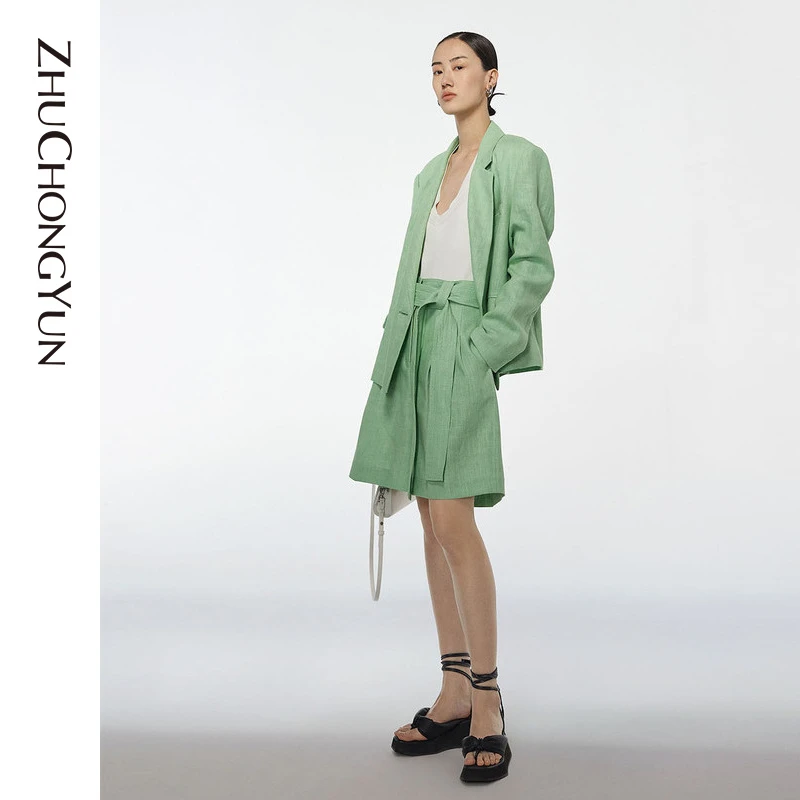 【米儿精选】ZHUCHONGYUN宽松休闲短裤套装时尚绿色设计师气质短款