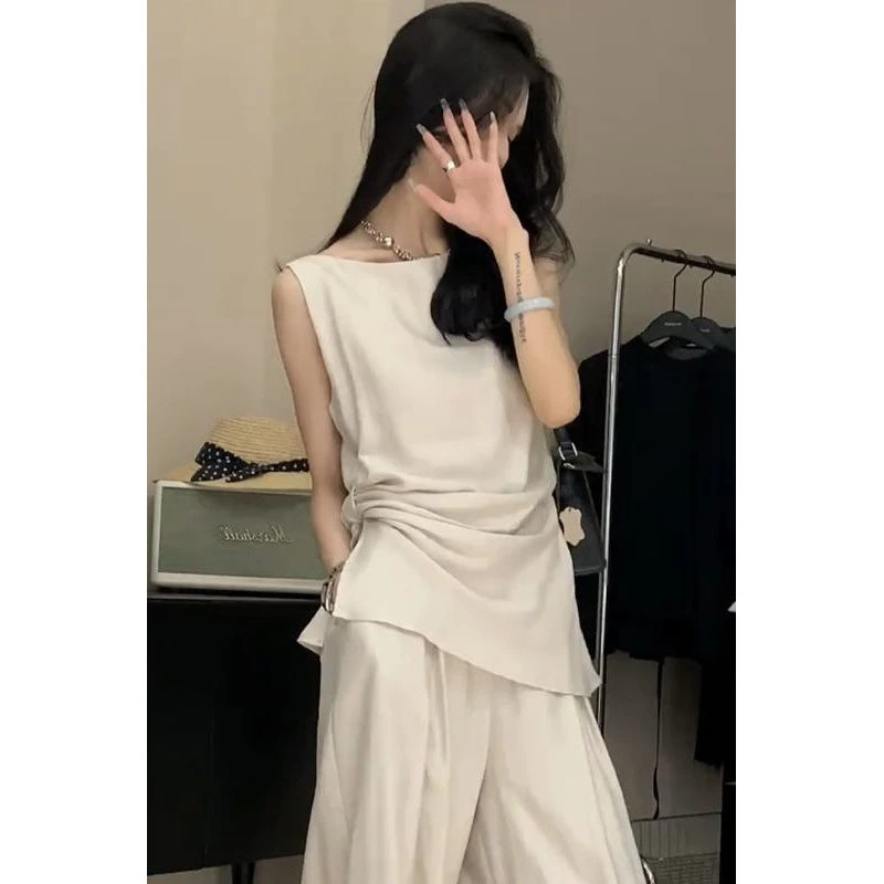 法式圆领无袖背心+阔腿裤女2025年夏季新款韩版时尚设计感套装潮