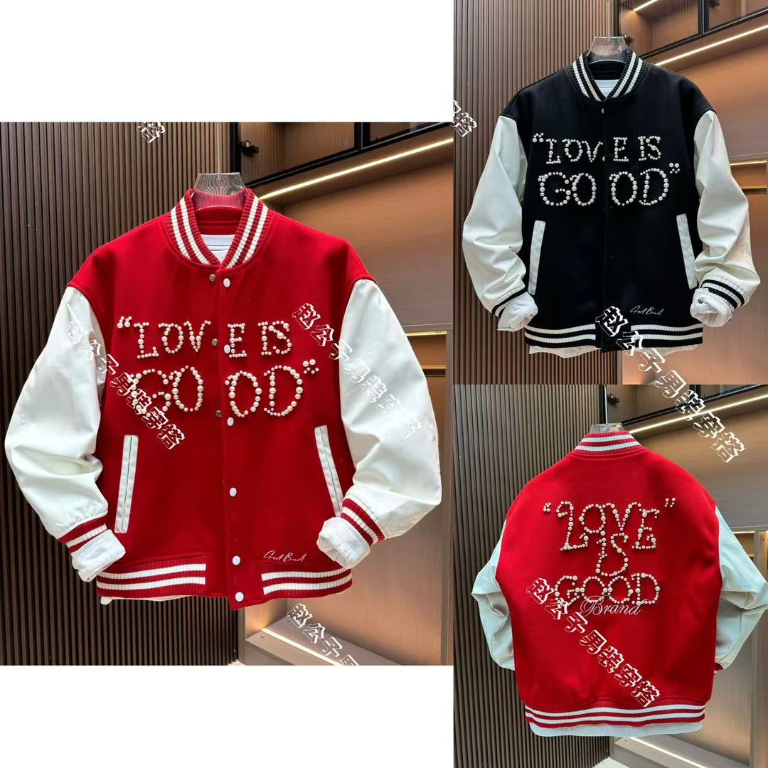 美式复古棒球服外套男秋冬加厚珍珠钉珠宽松重磅潮牌夹克情侣上衣