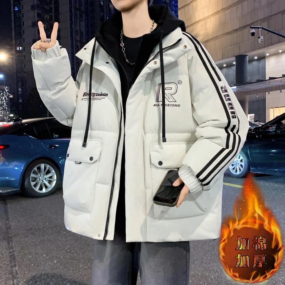 冬季青少年假两件男士连帽棉衣港风百搭潮流宽松学生保暖棉袄外套