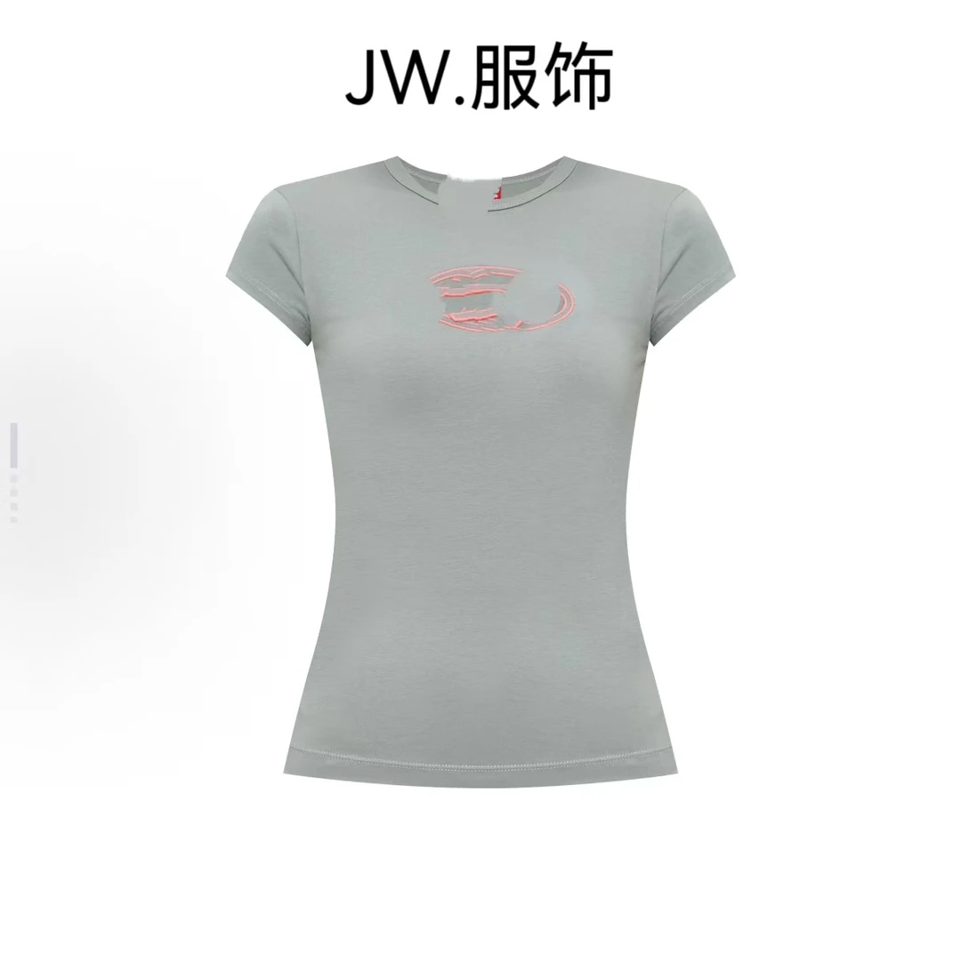 【JW】25夏季新款辣妹胸前刺绣字母镂空修身短袖