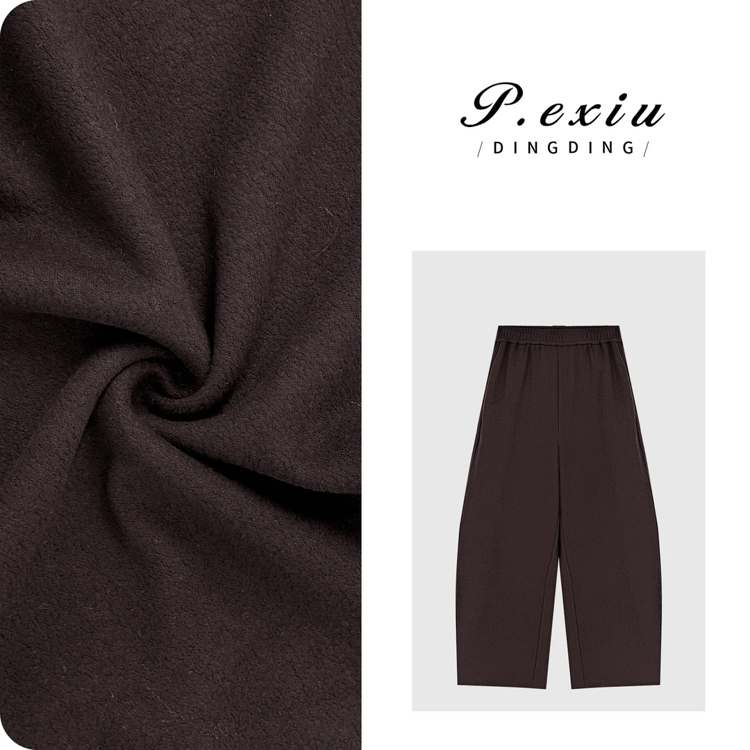 PanYiXiu/潘依绣羊毛桑蚕丝立体剪裁百搭松紧腰弯刀休闲裤W-63509