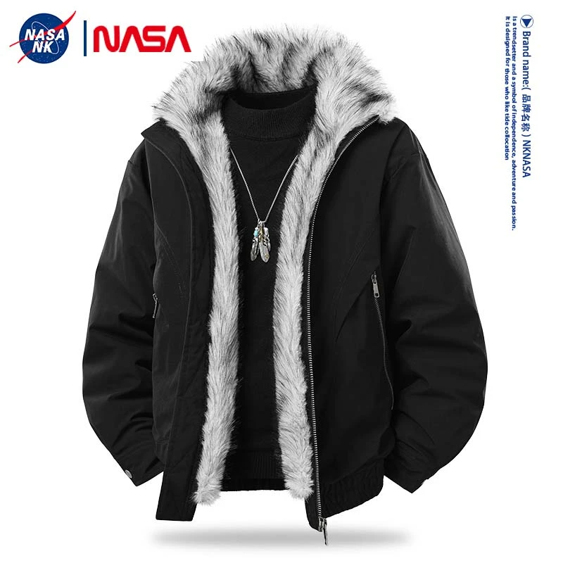 NASA联名美式休闲座山雕连帽毛领棉服外套冬季加绒保暖男士棉衣潮