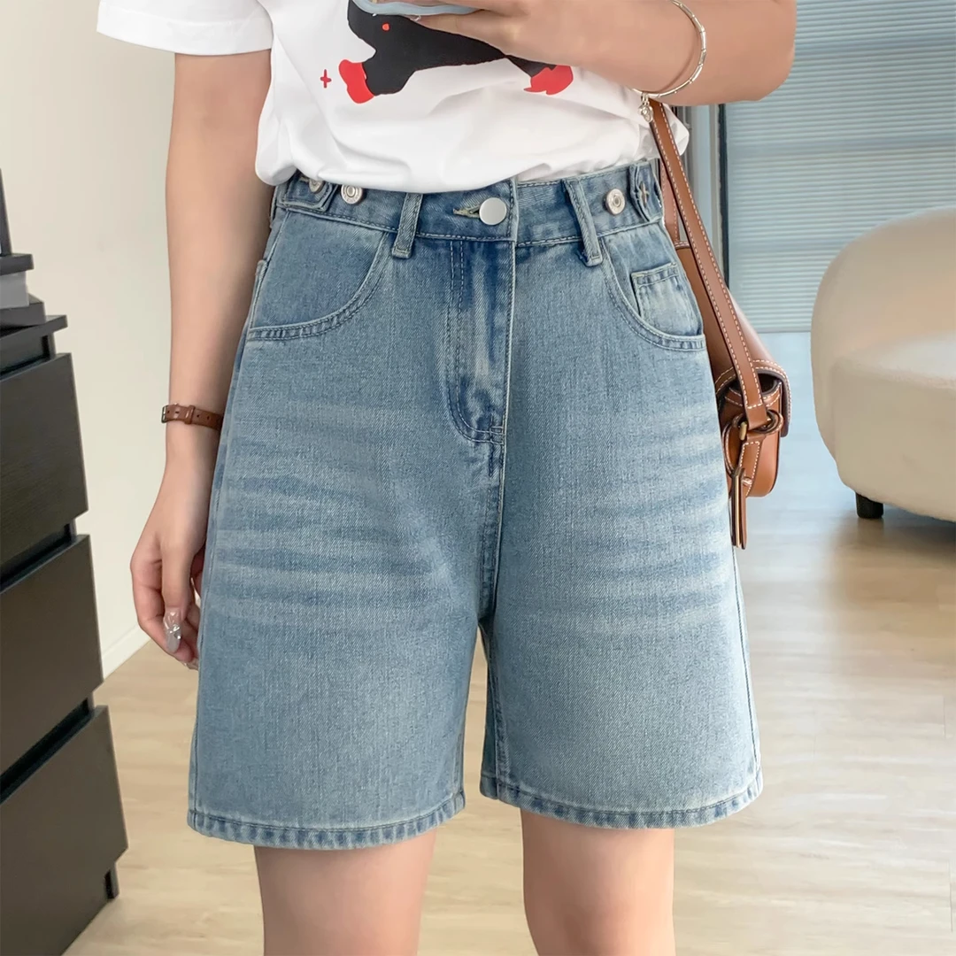 蓝色牛仔短裤女夏季薄款大码胖mm梨形身材高腰宽松显瘦五分阔腿裤