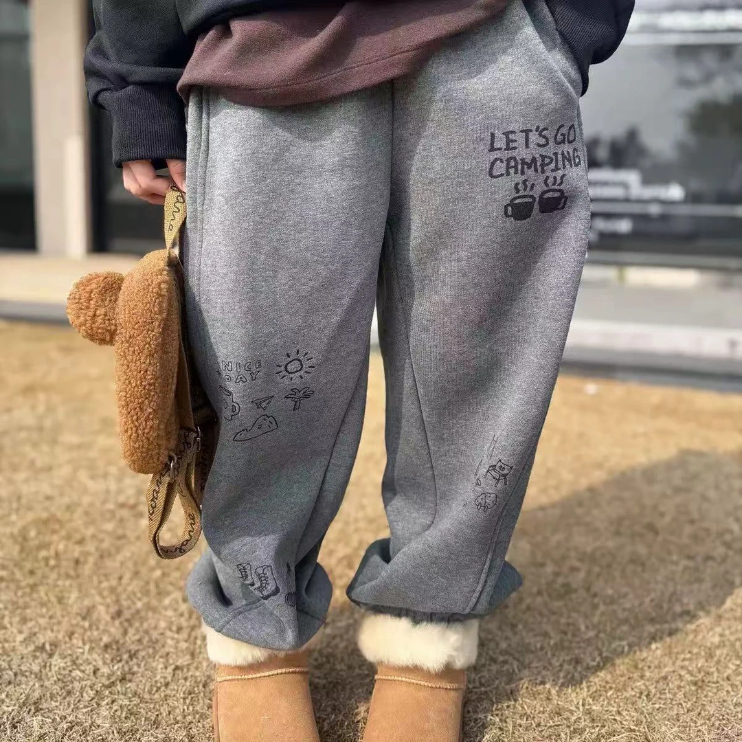 【一彩】定制 25新款 儿童简笔画抓绒卫裤双色可选 日系潮牌百搭款