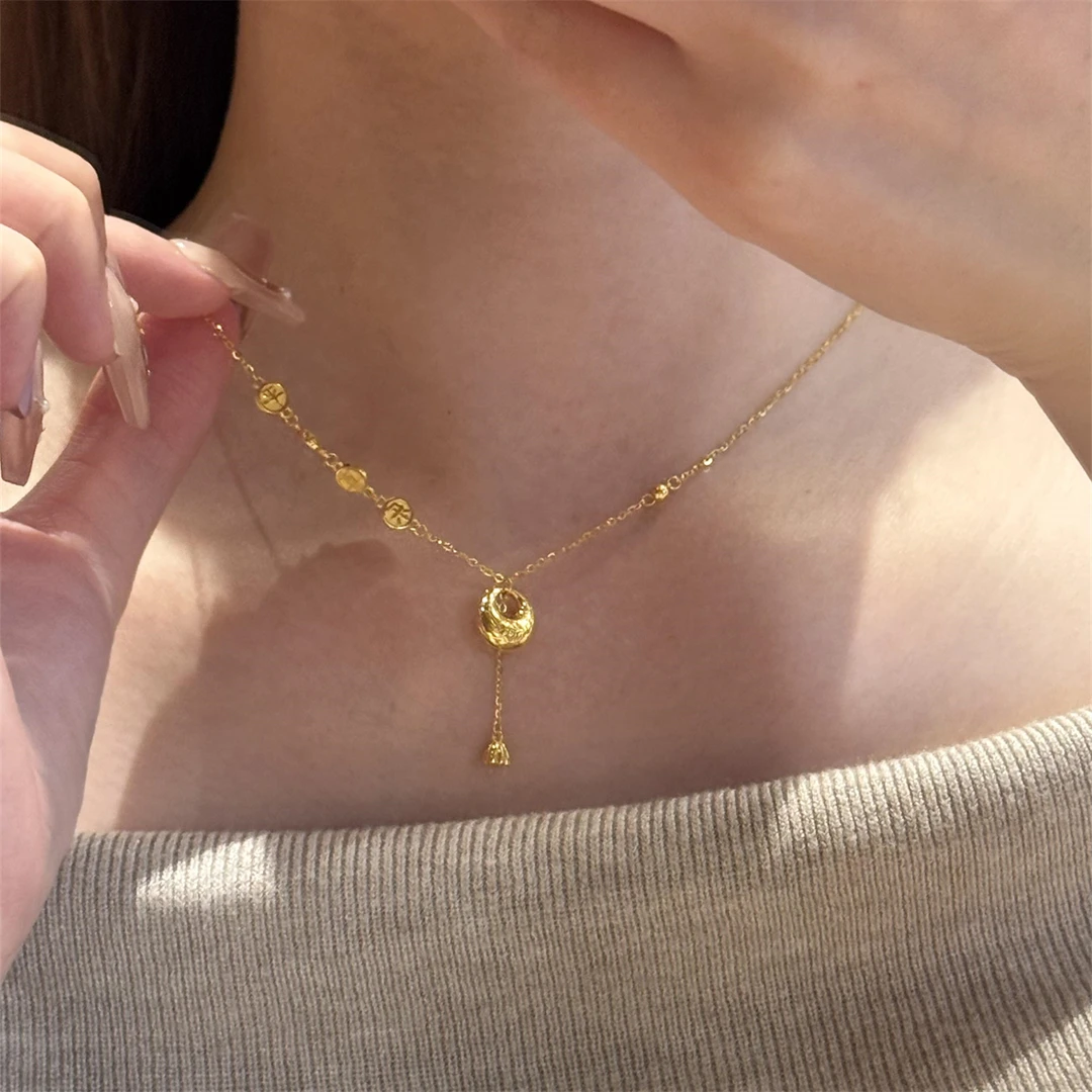 铜合金项链 新中式平安喜乐金色小胖福项链轻奢小众高级感锁骨链
