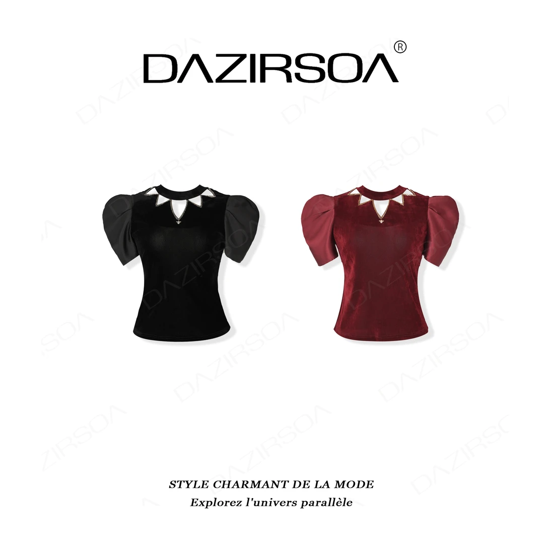 DAZIRSOA/达姿“法式内核”时尚百搭拼接钉钻灯笼袖轻奢T恤 AA319