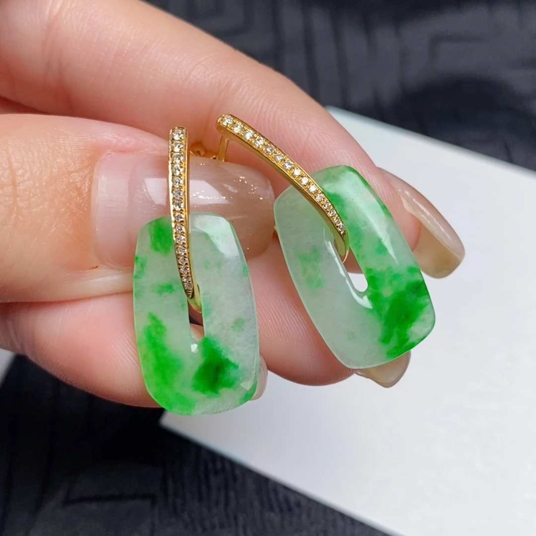 翡翠18K金镶嵌耳饰方糖