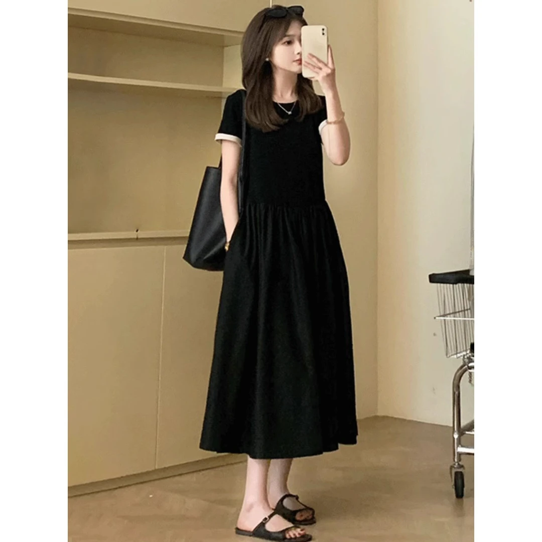 高级感气质黑色长款短袖连衣裙2025新款女夏季爆款收腰显瘦长裙子