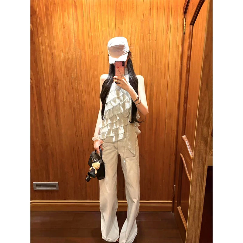 法式高级感重工不规则设计感斜肩上衣女夏季高腰休闲百搭裤子套装