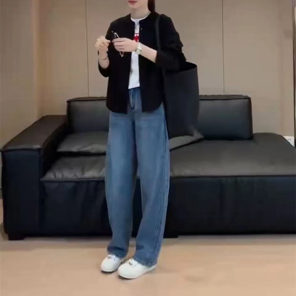 25127时尚气质潮流春季新款韩版简约减龄长袖外套直筒牛仔裤女