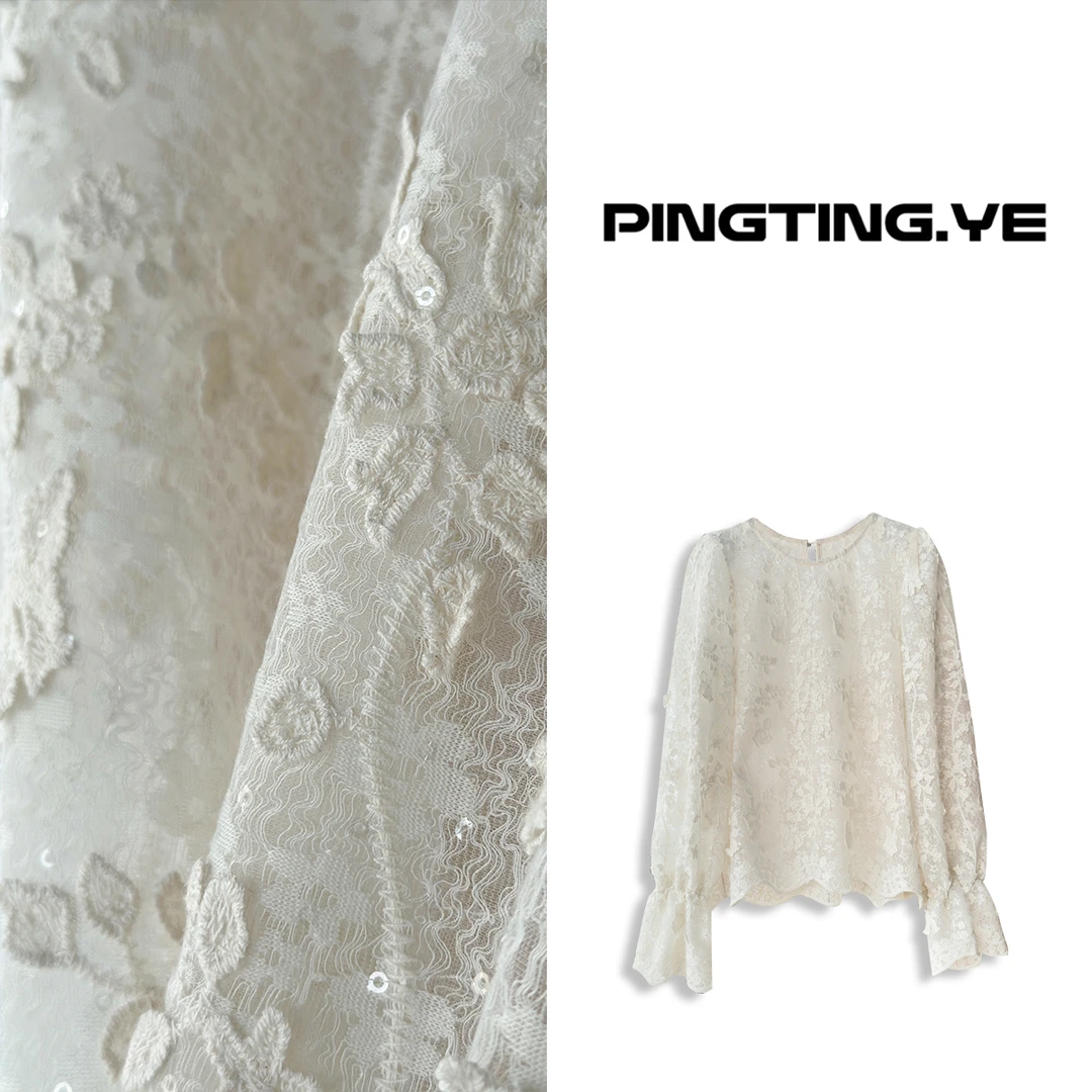 PINGTING.YE法式立体绣花气质名媛蕾丝喇叭袖上衣PT6265