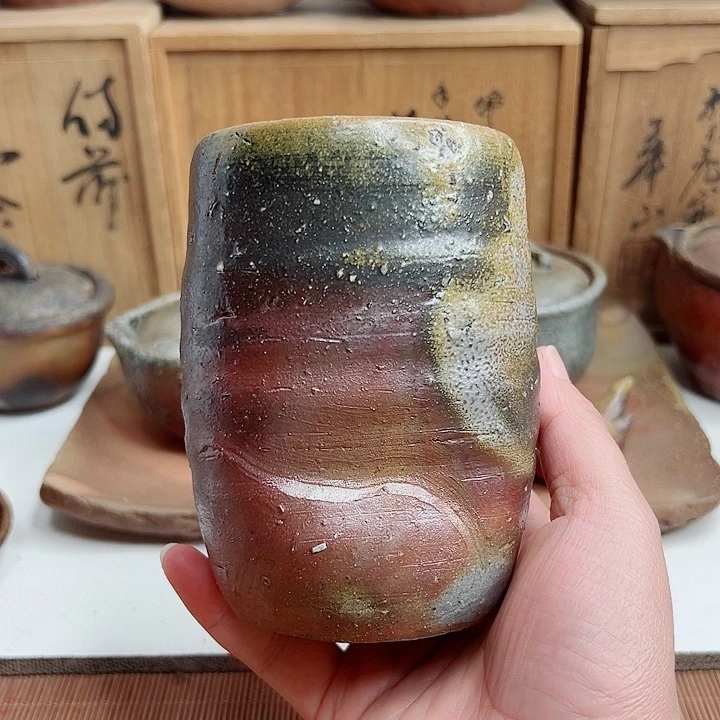 备前烧，大高杯，款自查，
