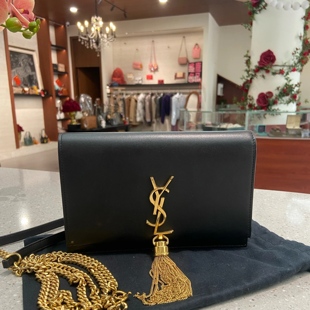 95新 YSL/圣罗兰 黑金光面牛流苏Kate woc斜挎包