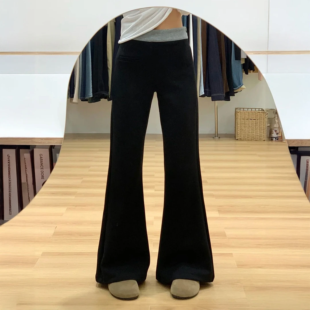 黑色拼接微喇休闲裤女秋季新款胖妹妹mm高腰设计感不贴腿拖地裤子