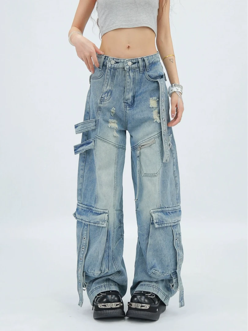 美式复古水洗做旧牛仔裤双门襟牛仔裤（有瑕疵，介意勿拍）