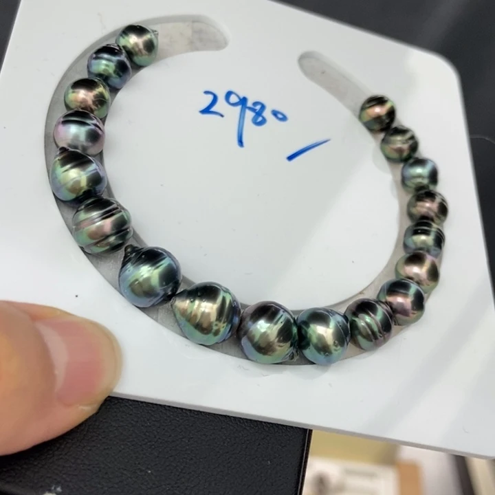 裸珠海水珍珠未镶嵌8-11mm大溪地螺纹孔雀绿手链满串