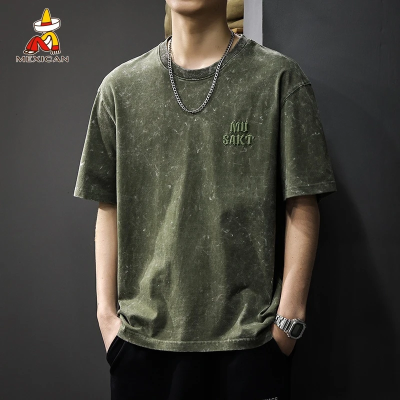 Mexican/稻草人美式刺绣字母男士t恤短袖夏季复古宽松大码T恤上衣