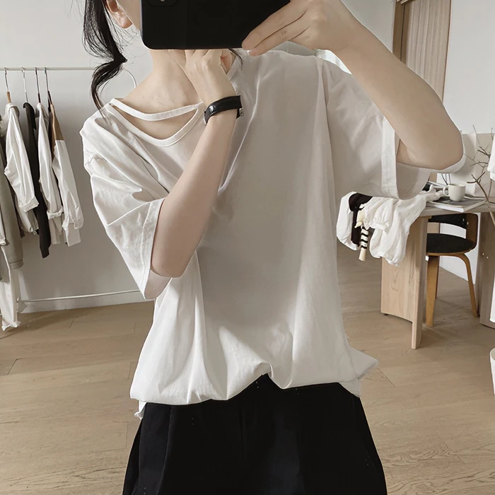 法式别致甜美清新露肩短袖T恤夏季薄款减龄纯棉打底显瘦体恤上衣