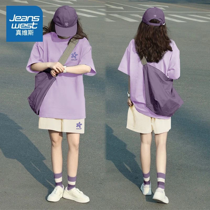 真维斯运动套装女夏季新款纯棉t恤小个子宽松休闲短袖短裤两件套