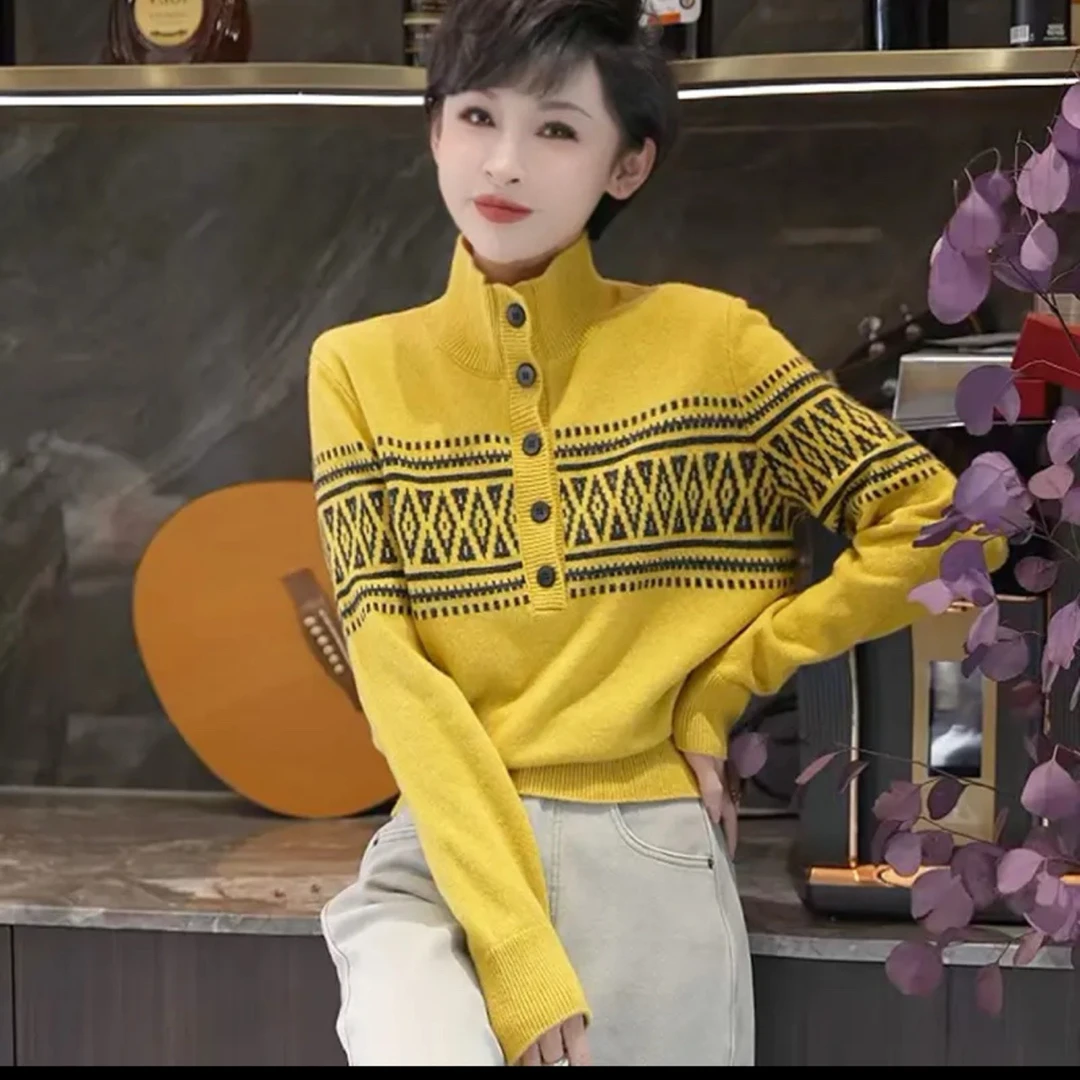 009女士秋冬复古费尔岛提花半高领百搭针织衫上衣