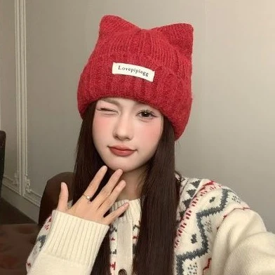 韩系ins风针织帽大头围小猫耳朵毛线帽子女秋冬显脸小加厚保暖