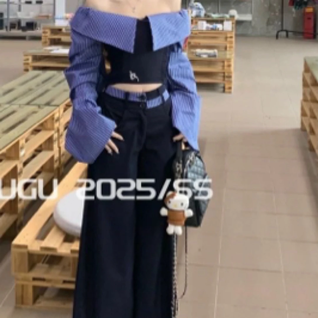 美奈美衣 复古撞色一字肩条纹拼接长袖衬衫 西服长裤