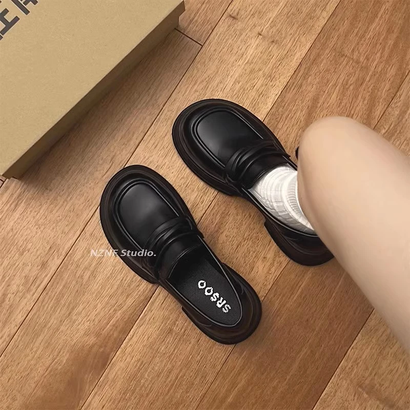 圆头百搭复古黑色厚底小皮鞋女2025新款秋季法式粗跟英伦风乐福鞋
