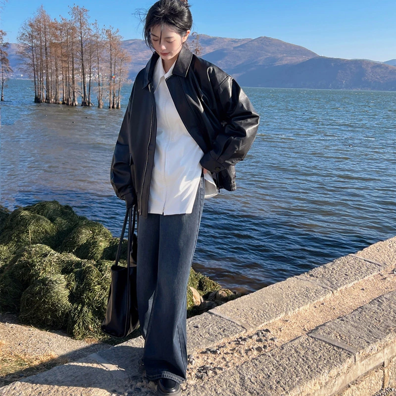 现货皮衣外套女2025秋冬季短款黑色宽松休闲夹克上衣胖妹妹显瘦