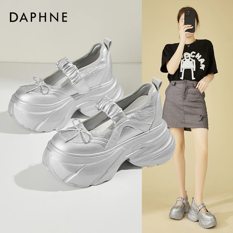 Daphne/达芙妮增高厚底松糕鞋女蝴蝶结玛丽珍鞋小白鞋时尚休闲鞋