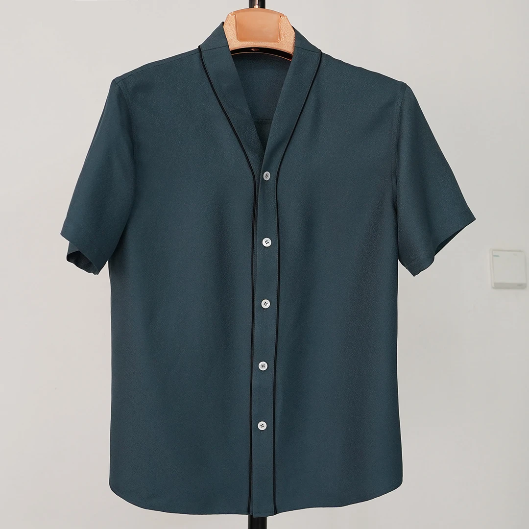 K611上衣-男士夏季新款100%桑蚕丝30姆米绉缎时尚休闲半袖衬衫