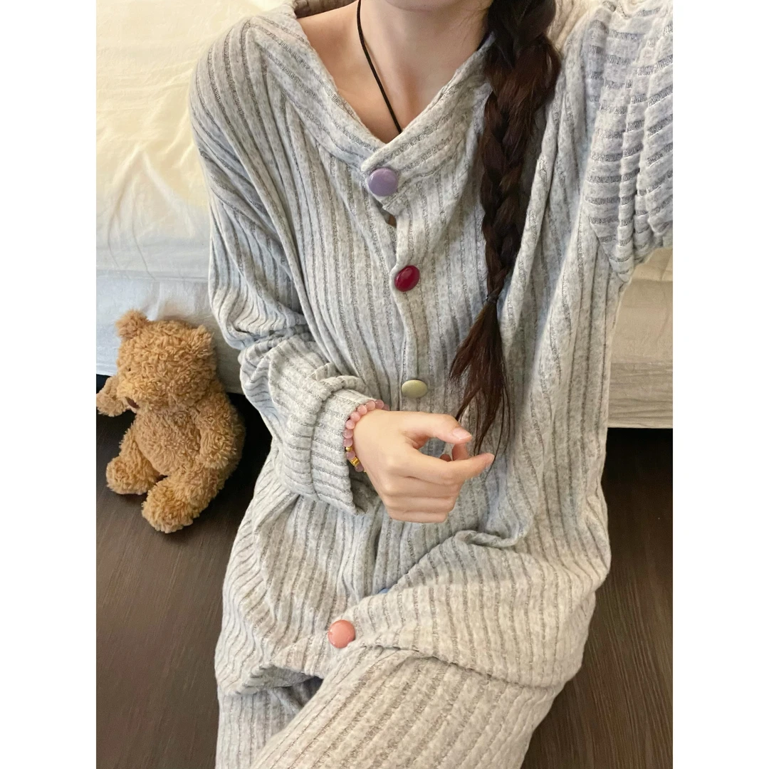 简约可爱撞色条纹德绒睡衣女春秋季新款加厚保暖家居服套装可外穿