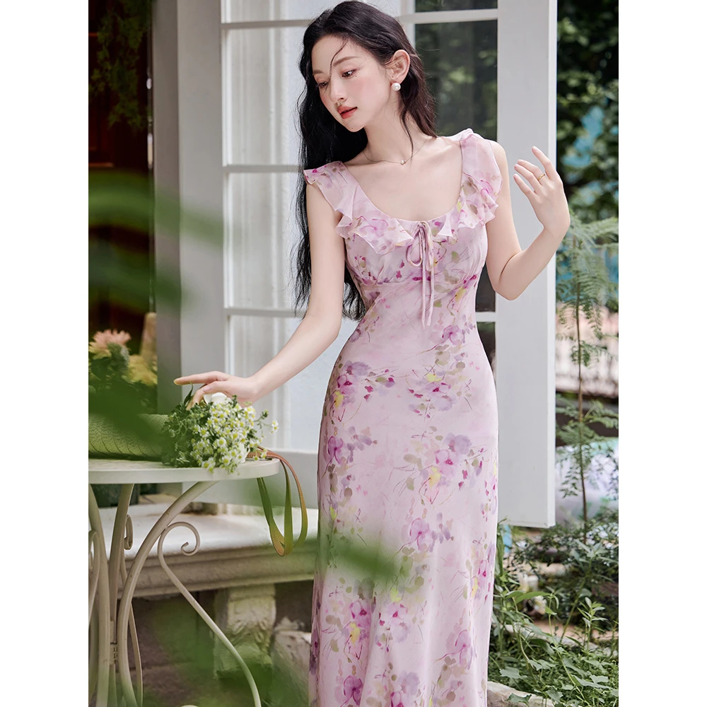 紫色鸢尾花印花无袖连衣裙