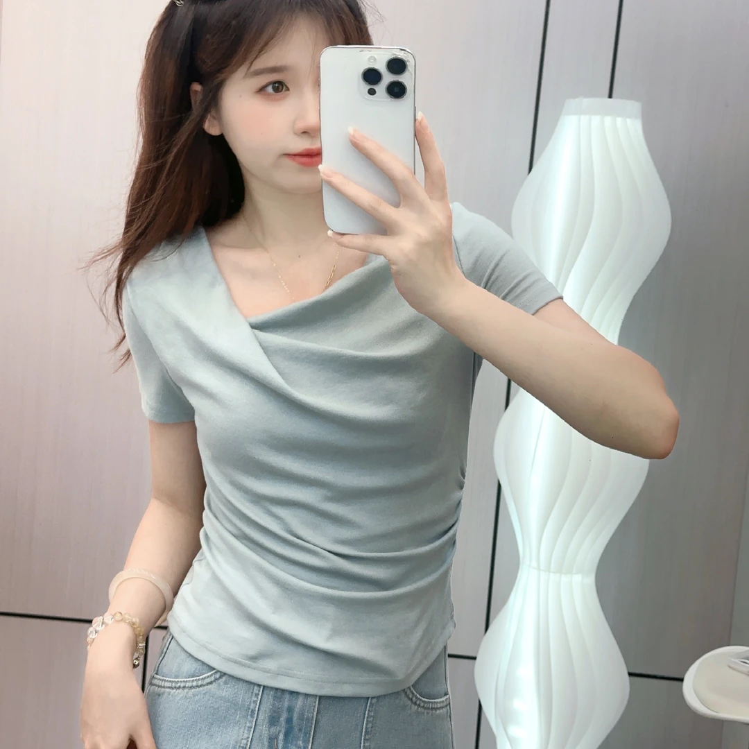 欧若风一字肩短袖T恤夏季甜辣设计感褶皱修身收腰减龄上衣女8980