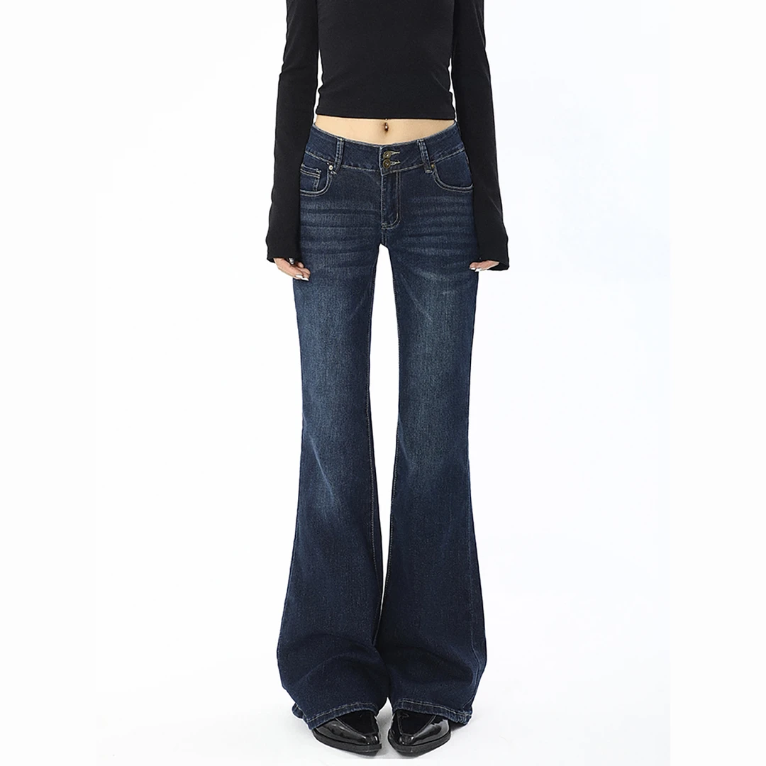 复古窄版微喇叭牛仔裤女夏季新款辣妹低腰弹力紧身显瘦直筒长裤子