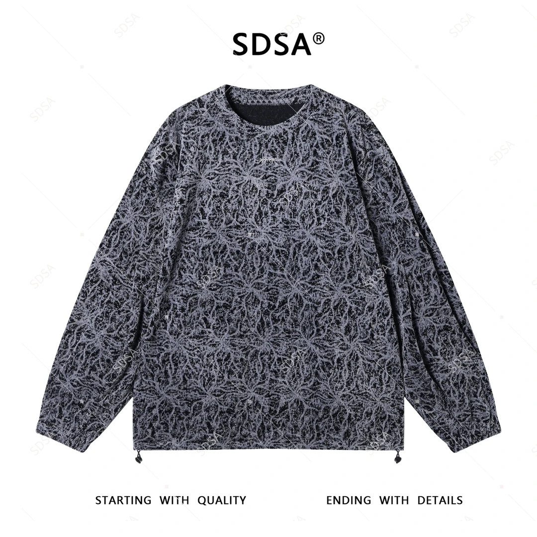 SDSA男士2025新款轻奢痞帅男装美式撞色下摆松紧设计圆领卫衣百搭