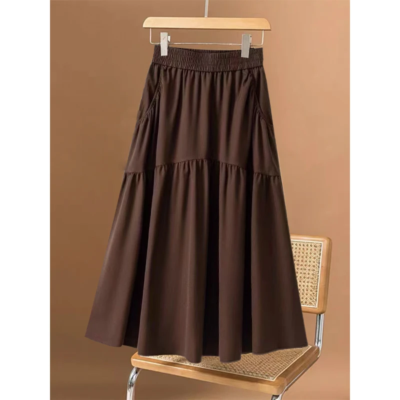 2025夏季中长款高腰A字裙女时尚口袋半身裙新款气质宽松显瘦裙子