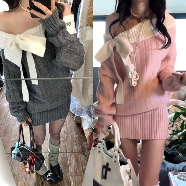 运补｝现货法式一字肩针织连衣裙子女秋冬2025巨好看气质包臀短裙