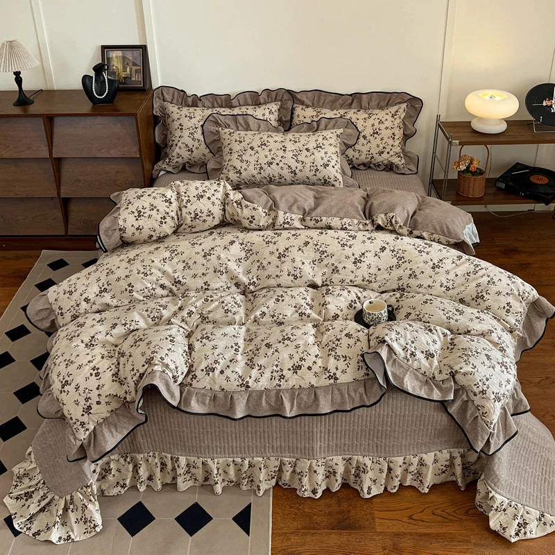 法式复古风加厚床盖款四件套亚麻皱皱纱床盖款四件套碎花被套