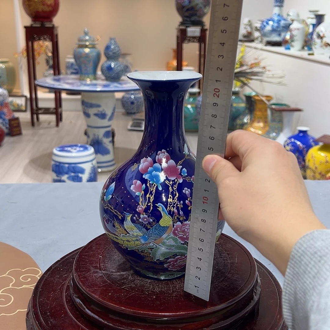 摆件陶22cm蓝锦鸡赏瓶