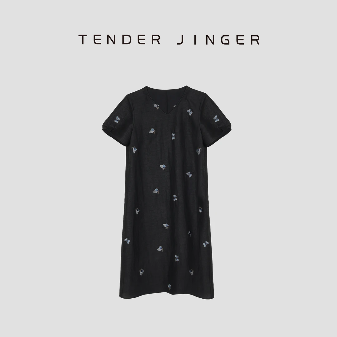 Tender Jinger【黑标】桑蚕丝V领蝴蝶刺绣连衣裙T52LAN80928