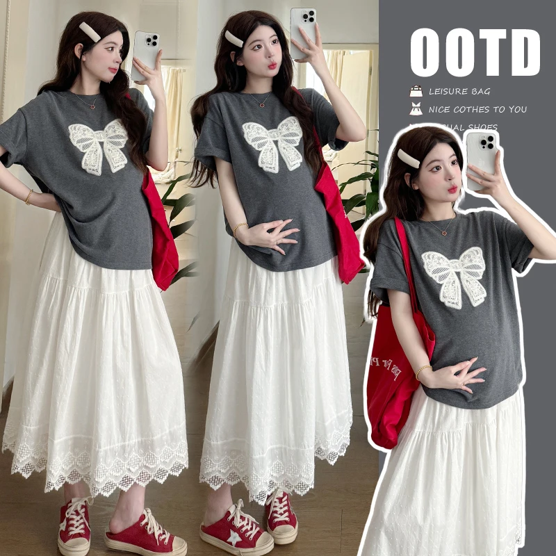 孕妇装夏季套装2025新款大码短袖T恤半身裙产检孕妈孕妇装夏装
