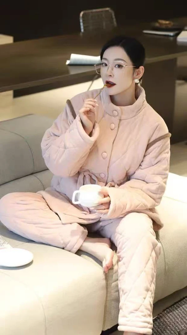 加厚夹棉内里带毛冬季保暖女士家居服套装外穿收腰时尚宽松休闲