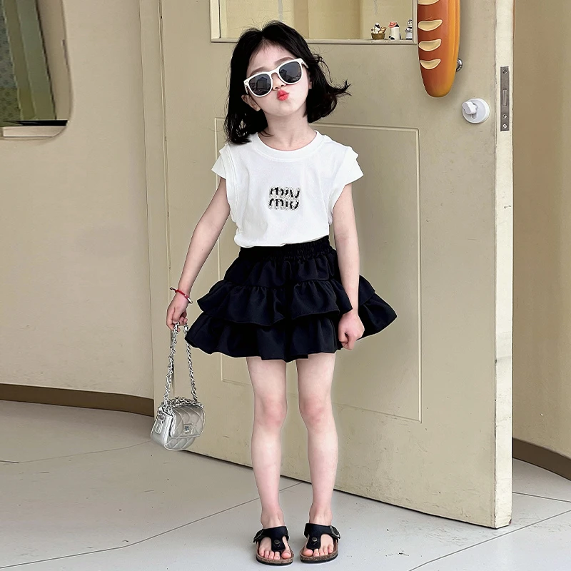 女童夏季短袖套装2025新款韩版儿童上衣两件套女孩洋气夏装蛋糕裙