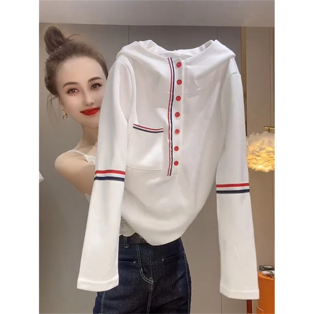 欧洲设计条纹女式运动衫2025春秋新时尚休闲修身底连帽衫显瘦气质