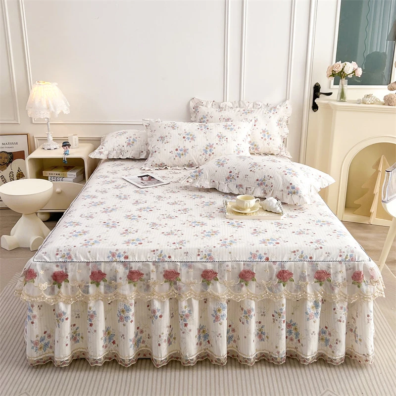 全棉纯棉蕾丝花边床裙床罩高端刺绣床单裙式防滑防尘罩公主风遮丑